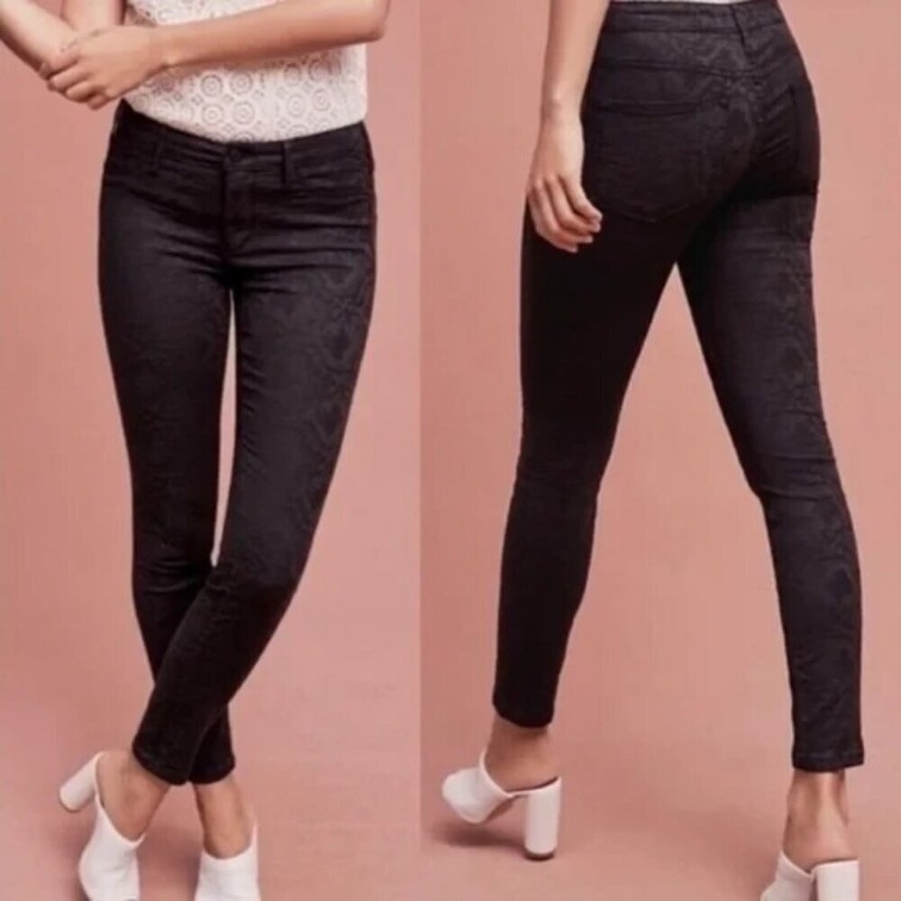 Pilcro and the Letterpress Black Skinny Jeans High-Rise Scroll‎ Embossed Stet 31